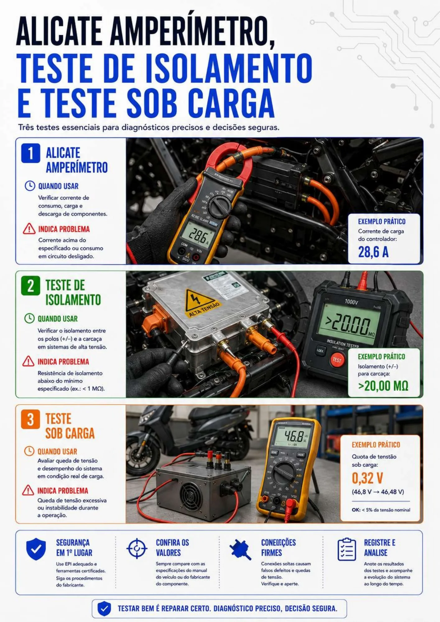Página do manual sobre testes elétricos com instrumentos de medição