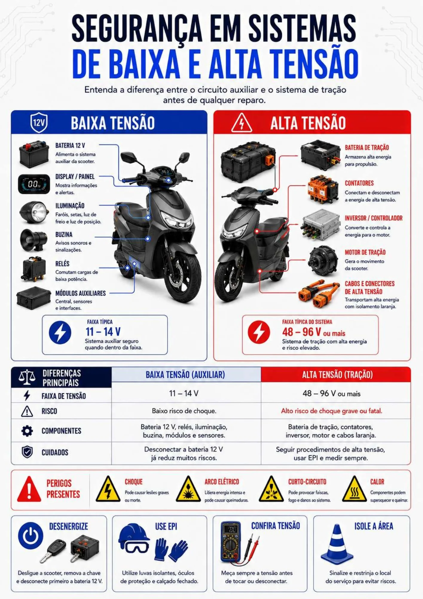Página do manual sobre segurança em sistemas de baixa e alta tensão