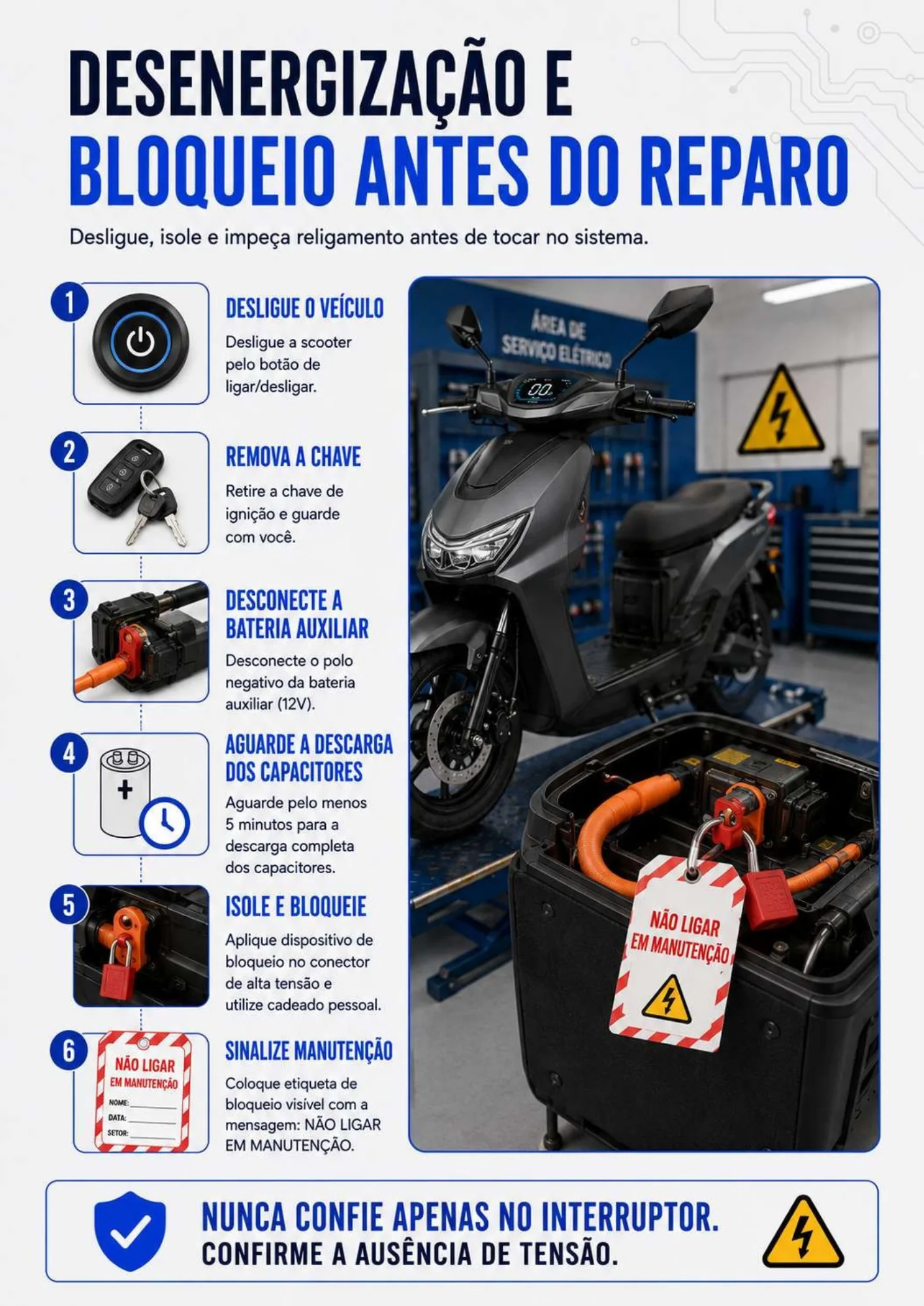 Página do manual sobre desenergização e bloqueio antes do reparo