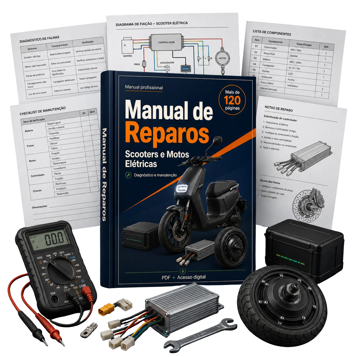 Manual digital de reparos para scooters e motos elétricas — Plano Básico